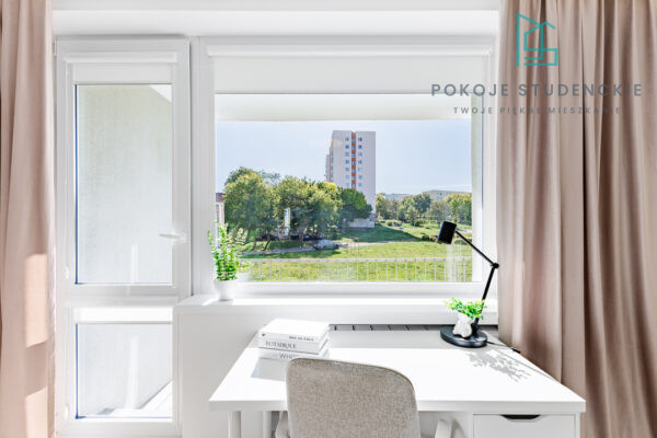 Bright white desk setup by a large window with a plant, a modern black desk lamp, and two stacked books; outside is a green park and a tall building.