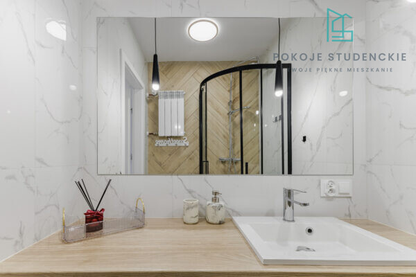 Modern bathroom vanity with a light wood countertop, white sink, and chrome faucet, marble walls, and a large mirror reflecting a glass shower enclosure with a wooden-tile accent wall; logo text appears in the upper right corner.